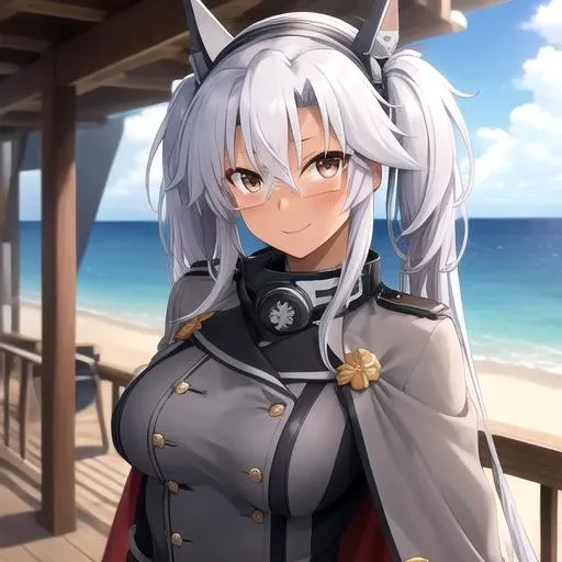 ((masterpiece)),(best quality),official art,extremely detailed CG,unity 8k wallpaper,ultra detailed,A lighthouse on a cliff by the sea,1girl,solo,upper body,(portrait:1.2),grey_jacket,grey-framed_eyewear,button,dark_skin,tan,glasses,twintails,rectangular_eyewear,looking_at_viewer,black_thighhighs,hair_between_eyes,semi-rimless_eyewear,very_long_hair,large_breasts,brown_eyes,grey_skirt,pleated_skirt,headgear,long_sleeves,grey_nails,blush,grey_hair,gorget,smile,black_skirt,miniskirt,jewelry,collar,cape,sakuramon,<lora:Musashi(kan)>,