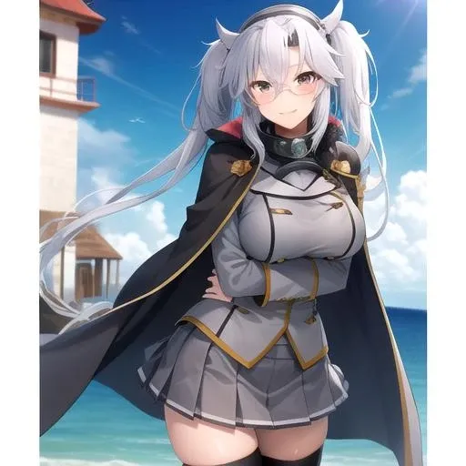(masterpiece, best quality:1.2),illustration,8k,hd,beautiful purple sunset at beach,1girl,solo,cowboy shot,long_hair,large_breasts,hat,skirt,hair_between_eyes,fur_trim,iron_cross,peaked_cap,cleavage,bangs,grey_hair,pleated_skirt,black_gloves,red_eyes,cape,military_uniform,crossed_bangs,white_skirt,long_sleeves,very_long_hair,miniskirt,jacket,bra_peek,black_pantyhose,<lora:Graf Zeppelin(azur)>,
