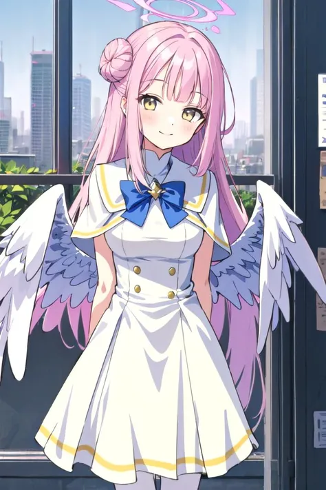 1girl, mika (blue archive), solo, pink hair, wings, halo, dress, long hair, high heels,single side bun, white dress, hair bun, yellow eyes, upper body,  hair ornament,  low wings, white wings, capelet, flower, scrunchie, looking at viewer, wrist scrunchie, hair flower, feathered wings, smile, very long hair, angel wings,  frills, bow, frilled dress, white capelet, bangs,  arms behind back,<lora:mika_misono_new_0.9:0.5>,upper body,white pantyhose,close up,(urban background:1.2),arms down, <lora:flat2:-0.2>,city,urban,window, <lora:last1:0.55>