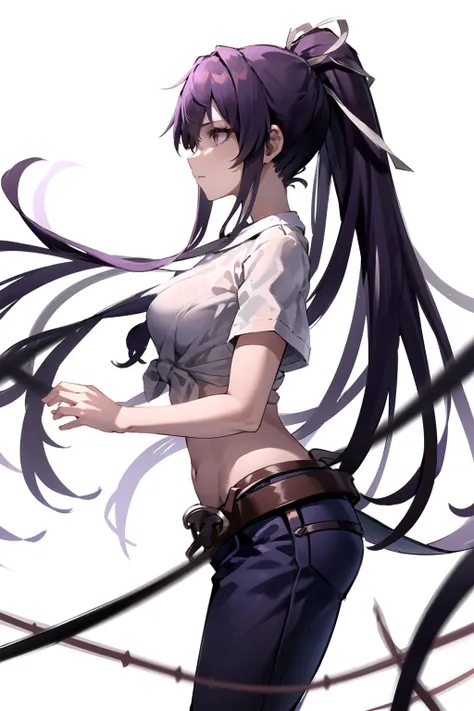 a masterpiece of、beste-Qualit、Hi-Res、kaori1、女の子1人、独奏、Scabbarded、Asymmetrical clothing、navel、Purple Eye、extra very long hair、Tied shirt、abdominals、Hair ribbon、Single Pants Leg、White shirt、poneyTail、black-haired、hugetits、JINS、White ribbon、brown belt、purple color  hair、Asymmetrical legwear、s ass、from behind and be、is standing、plein air、high street　the ocean