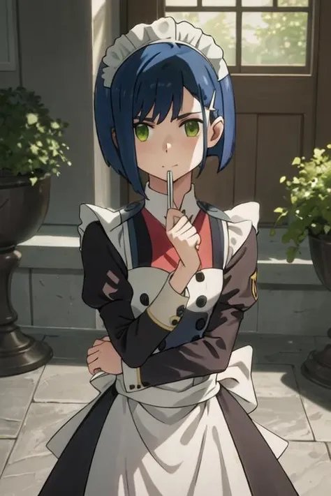best quality, masterpiece, highres, solo, {maid:1.40}, {long maid dress:1.15}, {ichigo_darlinginthefranxx:1.15}, blue_hair, short_hair, green_eyes, hairclip, hair_ornament, closed_mouth, bangs, military