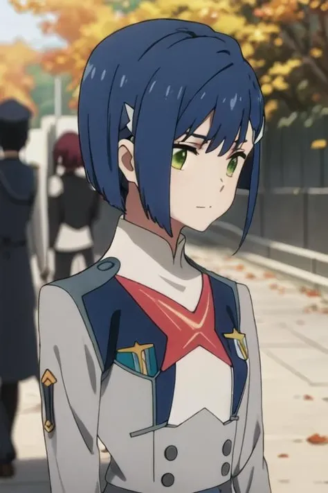 best quality, masterpiece, highres, solo, {ichigo_darlinginthefranxx:1.15}, blue_hair, short_hair, green_eyes, hairclip, hair_ornament, closed_mouth, bangs, military, 1girl, blurry, blurry_background, dark_blue_hair, from_side, profile, anime_coloring, depth_of_field, outdoors, close-up