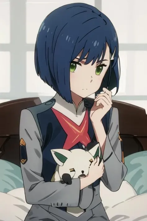 best quality, masterpiece, highres, solo, {ichigo_darlinginthefranxx:1.15}, blue_hair, short_hair, green_eyes, hairclip, hair_ornament, closed_mouth, bangs, military