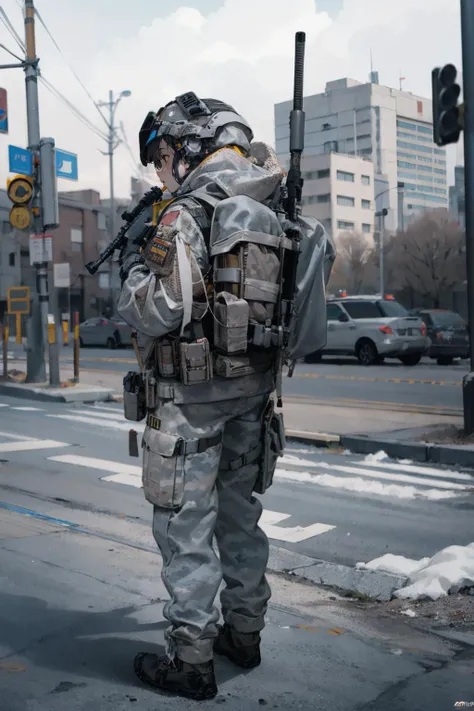 solo,1girl,outdoors,cityscape,from behind,standing,<lora:0308 U.S. Navy SEAL Special Forces Snow Precision Shooter_v1:0.9>,ruanyi0308,armor,assault rifle,camouflage,helmet,holding weapon,load bearing vest,backpack,m4 carbine,full body,, best quality,masterpiece,highres,official art,extremely detailed cg unity 8k wallpaper