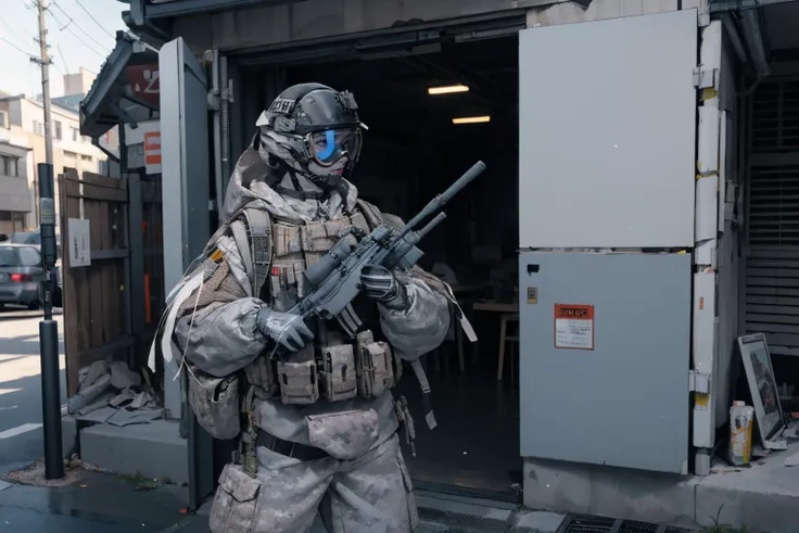 solo,1girl,outdoors,cityscape,standing,<lora:0308 U.S. Navy SEAL Special Forces Snow Precision Shooter_v1:0.9>,ruanyi0308,armor,assault rifle,camouflage,helmet,holding weapon,load bearing vest,backpack,m4 carbine,, best quality,masterpiece,highres,official art,extremely detailed cg unity 8k wallpaper