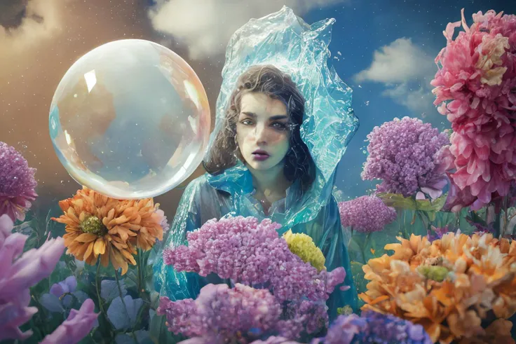 horror shocking image, worn photo effect overlay, lomo film effects, warped fragmented, analog, a woman hide in the flowers, photorealistic surrealism graphic art, analog equipment, iridescent bubble, raincoat, calligraphy, crystalline confectionery, mineral ,wet atmosphere, delicate torn photo, film grain, 35mm film, best quality, masterpiece