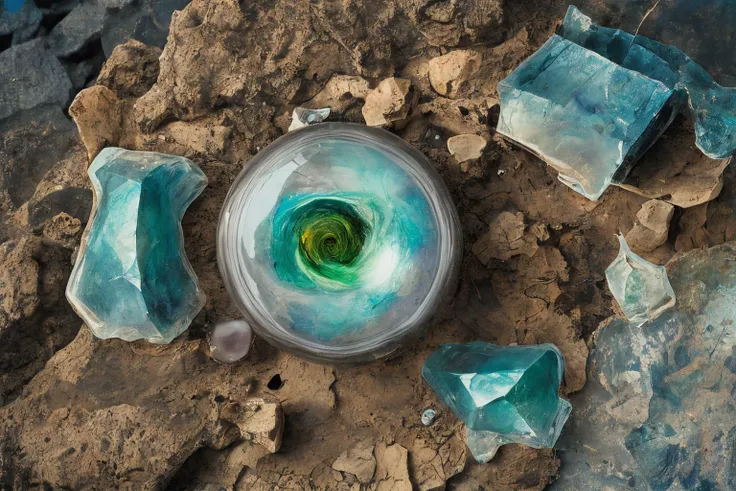 slime mold, golden tabby tiger, fissure in the ground, droplets of the divine, analog, gloomy hypnosis, hazy daydream, photorealistic surrealism graphic art, analog equipment, iridescent labradorite, hanzi character, crystalline biotope, mineral, wet lens, delicate torn photo, film grain, double exposure, best quality, masterpiece