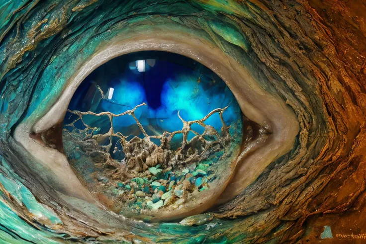 slime mold, astrocyte, fissure in the ground, warped fragmented, analog, gloomy hypnosis, hazy daydream, photorealistic surrealism graphic art, analog equipment, iridescent labradorite, anorthoclase, hanzi character, crystalline biotope, mineral, wet lens, delicate torn photo, film grain, double exposure, best quality, masterpiece