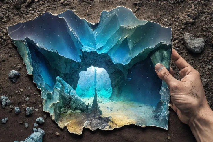 fissure in the ground, extremely perspective, warped fragmented, analog, antique, hazy daydream, photorealistic surrealism graphic art, analog equipment, iridescent labradorite, spectrolite, hanzi character, crystalline biotope, mineral, wet atmosphere, delicate torn photo, film grain, double exposure, best quality, masterpiece
