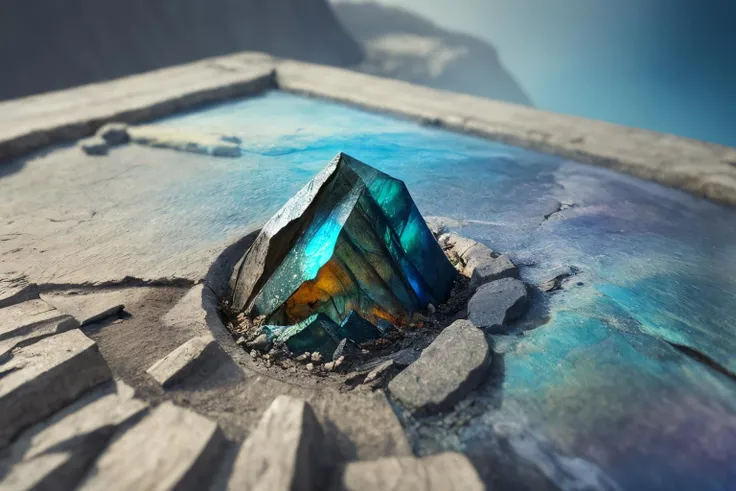 fissure in the ground, extremely perspective, warped fragmented, analog, antique, photorealistic surrealism graphic art, analog equipment, iridescent labradorite, calligraphy, crystalline biotope, mineral ,wet atmosphere, delicate torn photo, film grain, double exposure, best quality, masterpiece