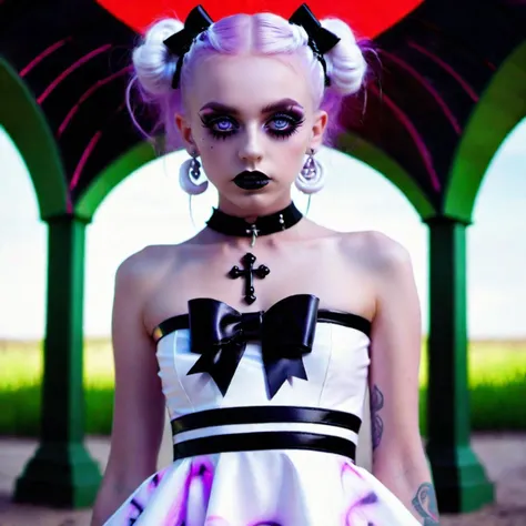 <lora:add-detail-xl:0.8> Gothic girl in clinging white neon dress with black upside down cross in the centre, lilac long pigtails with black skull bow,perfect eyes, neon white glowing eyes,testp, fullbody, maxim mag,sharpen, hyper realistic detail, 128k, lens flare, psychedelic swirl, multiple posts, voodoo, sinister, eerie, creepy,1080p (Larry Carlson 1.3), , cinematic quality, cinematic lighting, voodoo, sinister,128k, hyper realistic, pastel colour palette,(mark ryden 1.3) <lora:bigeyes-xl-v1:0.8> big eyes, anime eyes <lora:Desert_Festival:0.8> desert