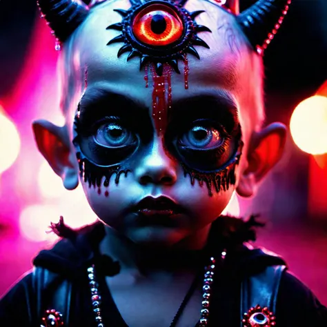 <lora:add-detail-xl:0.8> A demonic looking child standing at the entrance to a eerie carnival with perfect glowing big eyes, strange top hat with patches and an x carved into the centre of his head and red liquid dripping down, fames behind, hyper realistic detail, 128k, cinematic quality, cinematic lighting, voodoo, sinister, diabolical, 128k, cinematic quality, cinematic lighting, voodoo, sinister, diabolical, (Larry Carlson 1.3), behind at sunset, cinematic quality, cinematic lighting, voodoo, sinister,128k, hyper realistic, pastel colour palette,(mark ryden 1.3) <lora:bigeyes-xl-v1:0.8> big eyes, anime eyes <lora:Desert_Festival:0.8> desert