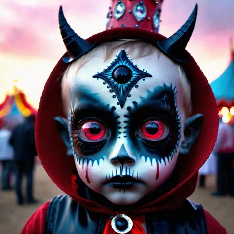 <lora:add-detail-xl:0.8> A demonic looking child standing at the entrance to a eerie carnival with perfect glowing big eyes, strange top hat with patches and an x carved into the centre of his head and red liquid dripping down, fames behind, hyper realistic detail, 128k, cinematic quality, cinematic lighting, voodoo, sinister, diabolical, 128k, cinematic quality, cinematic lighting, voodoo, sinister, diabolical, (Larry Carlson 1.3), behind at sunset, cinematic quality, cinematic lighting, voodoo, sinister,128k, hyper realistic, pastel colour palette,(mark ryden 1.3) <lora:bigeyes-xl-v1:0.8> big eyes, anime eyes <lora:Desert_Festival:0.8> desert