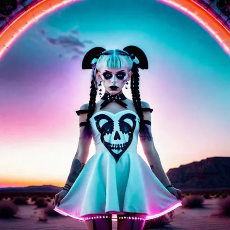 <lora:add-detail-xl:0.8> Gothic girl in clinging white neon dress with black upside down cross in the centre, lilac long pigtails with black skull bow,perfect eyes, neon white glowing eyes,testp, fullbody, maxim mag,sharpen, hyper realistic detail, 128k, lens flare, psychedelic swirl, multiple posts, voodoo, sinister, eerie, creepy,1080p (Larry Carlson 1.3), , cinematic quality, cinematic lighting, voodoo, sinister,128k, hyper realistic, pastel colour palette,(mark ryden 1.3) <lora:bigeyes-xl-v1:0.8> big eyes, anime eyes <lora:Desert_Festival:0.8> desert