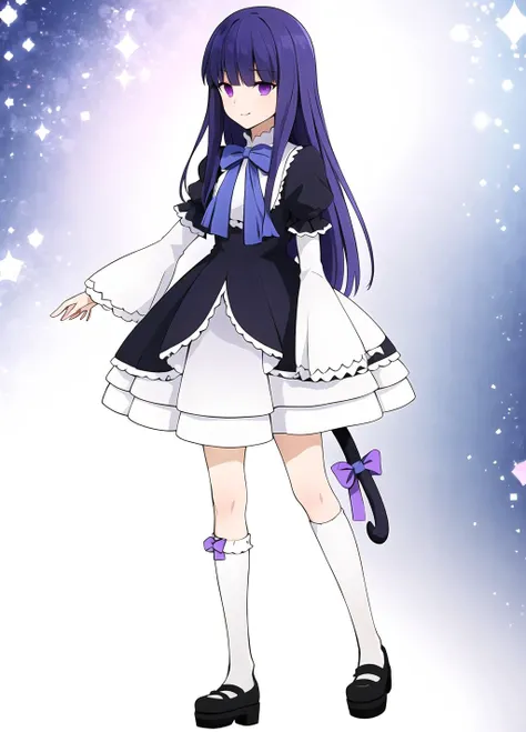 frederica bernkastel, 1girl, solo, tail, purple eyes, blue hair, dress, cat tail, long hair, ribbon, socks, bow, mary janes, frills, <lora:Frederica Bernkastel anything45pruned46r75r-000007:0.65>