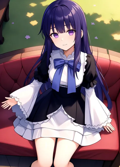 masterpiece, best quality, 1girl, frederica bernkastel, solo, dress, long hair, blue hair, layered sleeves, long sleeves, bow, puffy sleeves, short over long sleeves, short sleeves, black dress, sleeves past wrists, frills, purple bow, <lora:Frederica Bernkastel anything45pruned46r75r-000007:0.65>, standing, outdoors, sitting on sofa, drone pov, dutch angle, from above, looking at viewer, purple eyes