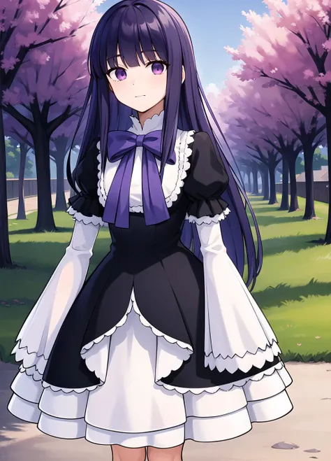 1girl, frederica bernkastel, solo, dress, long hair, layered sleeves, long sleeves, bow, puffy sleeves, short over long sleeves, short sleeves, black dress, sleeves past wrists, frills, purple bow, <lora:Frederica Bernkastel anything45pruned46r75r-000007:0.6>, pink_sky, trees, looks at the viewer
