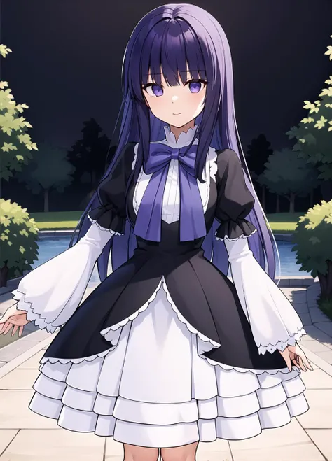 1girl, frederica bernkastel, solo, dress, long hair, layered sleeves, long sleeves, bow, puffy sleeves, short over long sleeves, short sleeves, black dress, sleeves past wrists, frills, purple bow, <lora:Frederica Bernkastel anything45pruned46r75r-000007:0.6>, black_sky, trees, looks at the viewer