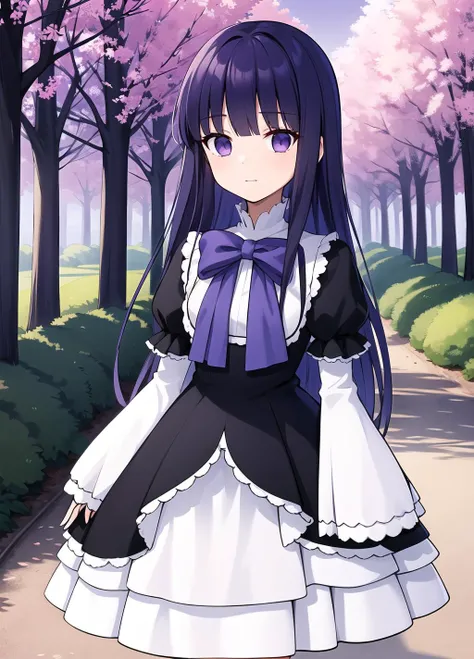 1girl, frederica bernkastel, solo, dress, long hair, layered sleeves, long sleeves, bow, puffy sleeves, short over long sleeves, short sleeves, black dress, sleeves past wrists, frills, purple bow, <lora:Frederica Bernkastel anything45pruned46r75r-000007:0.6>, pink_sky, trees, looks at the viewer