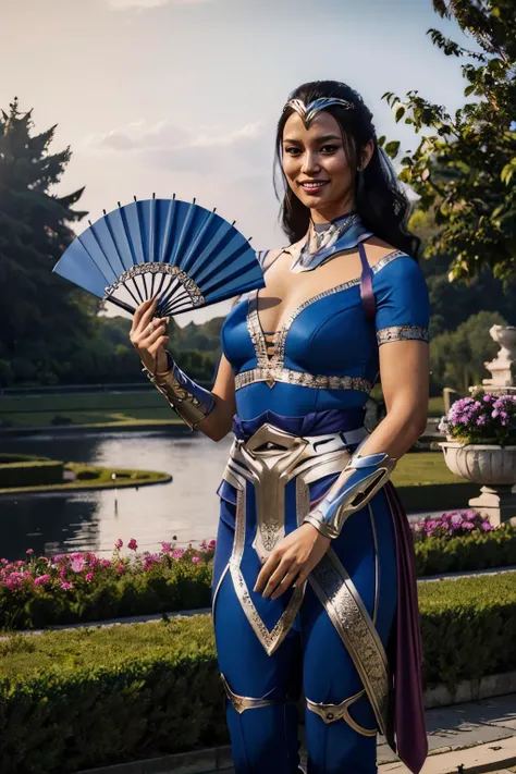 KitanaMK1, black hair, brown eyes, big lips, red lips, jewelry, blue dress, cleavage, blue pants, pelvic curtain, looking at viewer,smiling, happy, teeth, 
outside, lake, mountains, blue sky,  holding a blue fan, playful ambiance, extreme detail, masterpiece, beautiful quality, <lora:KitanaMK1-10v8:.8>