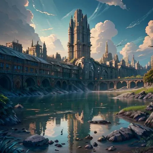 detailed and intricate, Ultra-detail, ship wake, ((high quality:1.2)), a crystal clear water stream, ((masterpiece)), <lora:epi_noiseoffset2:1>, strong shadows, elegant, <lora:improve_backgrounds:1>, (dark shot:1.4, masterpiece:1.2, detailed light), Depth of Field, ultra detailed, inspiration, cafe, wallpaper, blue_sky, ruins, Mythology, intricate details, blue eyes, crouching on land next to small brook, Photograph, (folk dress:1.3,  detailed skin:0.8), muddy, aerial view of a scifi city skyline