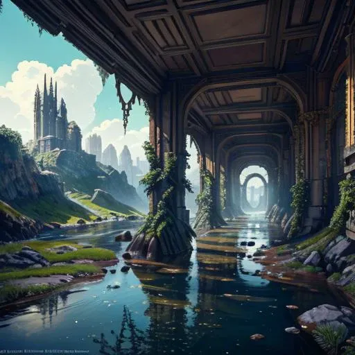 detailed and intricate, Ultra-detail, ship wake, ((high quality:1.2)), a crystal clear water stream, ((masterpiece)), <lora:epi_noiseoffset2:1>, strong shadows, elegant, <lora:improve_backgrounds:1>, (dark shot:1.4, masterpiece:1.2, detailed light), Depth of Field, ultra detailed, inspiration, cafe, wallpaper, blue_sky, ruins, Mythology, intricate details, blue eyes, crouching on land next to small brook, Photograph, (folk dress:1.3,  detailed skin:0.8), muddy, aerial view of a scifi city skyline