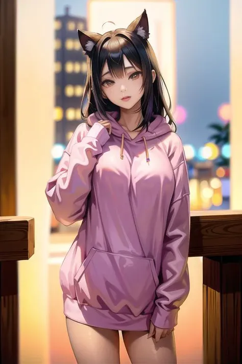 <lora:betterCuteAsian03:0.3> is posing for a photo in a sexy pose, (oversized_hoodie:1.3), colorful oversized_hoodie,
good hand,4k, high-res, masterpiece, best quality, head:1.3,((Hasselblad photography)), sharp focus, (cinematic lighting), night, soft lighting, dynamic angle, [:(detailed face:1.2):0.2],(((standing in a bar))), outside,   <lora:oversized_sweater:0.5>