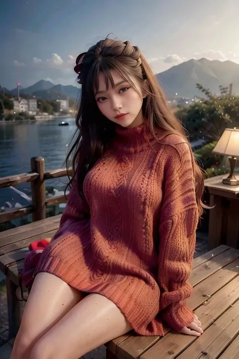 <lora:sung02:0.9>, (oversized_sweater:1.3),red oversized_sweater,
good hand,4k, high-res, masterpiece, best quality, head:1.3,((Hasselblad photography)), sharp focus, (cinematic lighting), night, soft lighting, dynamic angle, [:(detailed face:1.2):0.2],(((sitting on a chair))), outside,   <lora:oversized_sweater:0.5>