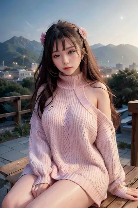 <lora:sung02:0.9>, (oversized_sweater:1.3),pink oversized_sweater,
good hand,4k, high-res, masterpiece, best quality, head:1.3,((Hasselblad photography)), sharp focus, (cinematic lighting), night, soft lighting, dynamic angle, [:(detailed face:1.2):0.2],(((sitting on a chair))), outside,   <lora:oversized_sweater:0.5>