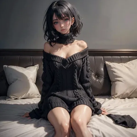 (oversized_sweater:1.3),(off one shoulder:1.3), (masterpiece:1.2), (best quality, highest quality), (ultra detailed), (8k, 4k, intricate),(full-body-shot( short black hair,), indoors, shy, blushing,   (detailed skin:1.3)  oversized_sweater, [:(detailed face:1.2):0.2], <lora:oversized_sweater:0.5> , sitting on a bed, <lora:weight_slider_v2:-1>, goth girl, cleavage,