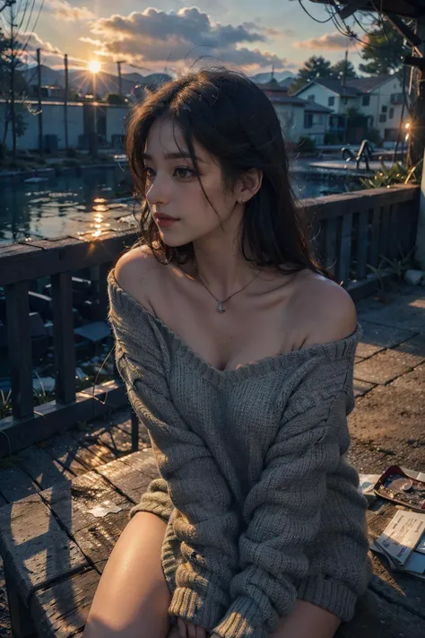 (dark scene, soft lighting, high saturated):1.4, vivid illumination, enchanting elegance, atmospheric depth, masterful technique, naturalistic representations, harmonious composition, creative refinement, striking juxtapositions,
(1girl, young beauty), sitting, smile, from above, sharp focus, oversized_sweater, shoulder,
,profile,((sunset)),volumetric fog, outdoors,