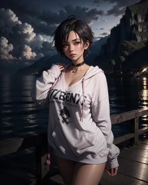 [1boy:1girl:0.3], tomboy, solo, very short black hair, pixie cut, tan, (muscular:0.9), (large breasts:1), (medium breasts: 0.25), messy hair, night, aroused, lovestruck, full-face blush, choker, BREAK
(sexy pink oversized_hoodie:1.1) BREAK
ocean, dramatic lighting, dark theme, absurdres, best quality, clouds, milky way, galaxy, large moon, stars, night sky, pier
<lora:GoodHands-vanilla:1><lora:LowRA:0.7> <lora:oversized_sweater:.5>