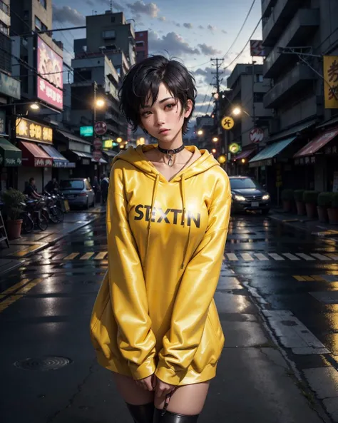 (sexy latex yellow oversized_hoodie:1.3) BREAK
[1boy:1girl:0.3], tomboy, solo, very short black hair, pixie cut, tan, (muscular:0.9), (large breasts:1), (medium breasts: 0.25), full-face blush, choker, BREAK
Kabukicho, Shinjuku, tokyo streets, dramatic lighting, absurdres, best quality, clouds, night, (neon signs:1.3), neon, moon, dark theme, crowded, busy
<lora:GoodHands-vanilla:1><lora:oversized_sweater:.5>  <lora:LowRA:.7>