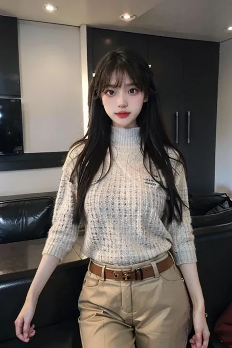 highest quality、8k、32k、masterpiece、Hmph:1.2)、One Girl、Girl with long hair、Beautiful Japanese Woman、Black-haired、Heavy bangs、Long sleeve shirt、Hair length、A fluffy white sweater、Don't expose it、D Cup,choker、plump breasts, large breasts, Bright red eyeliner、full body