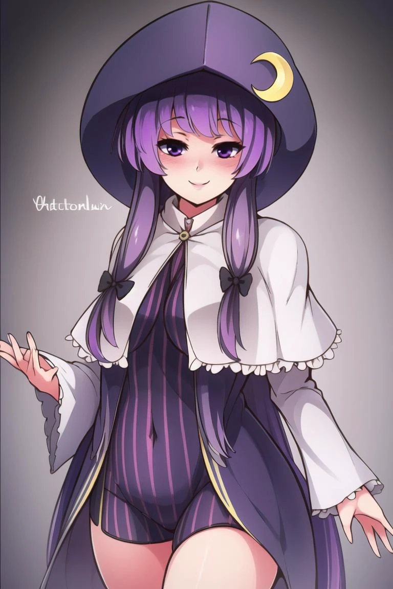 ((best quality)), mature, patchouli_knowledge_(koumajou_densetsu), cowboy shot, side view, blushing, smile, purple hat, purple eyes, (crescent hat ornament), 1girl <lora:patchouli_knowledge_(koumajou_densetsu):1>, <lora:ricegnat_style:0.8>
