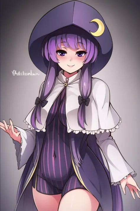 ((best quality)), mature, patchouli_knowledge_(koumajou_densetsu), cowboy shot, side view,  blushing, smile, purple hat, purple eyes, (crescent hat ornament), 1girl <lora:patchouli_knowledge_(koumajou_densetsu):1>, <lora:ricegnat_style:0.8>