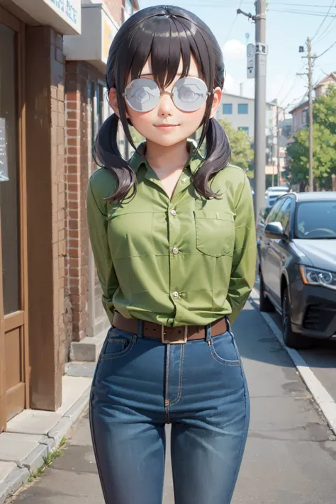(masterpiece, best quality:1.2), <lora:orenoimouto_makishima-10:1>, cowboy shot, solo, 1girl, makishima saori, smile, closed mouth, looking at viewer, arms behind back, twintails, glasses, green shirt, jeans, belt