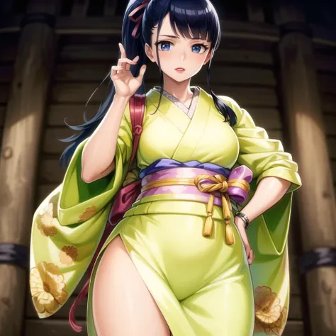 (intricate details:1.3), (masterpiece:1.3), (absurdres:1.3), (best quality:1.3), (ultra-detailed:1.3), (illustration:1.3), (sharp focus:1.3), (natural lighting:1.05), (vivid colors:1.3), (realistic proportions:1.2), (looking at viewer, standing, japanese architecture, cowboy shot), (kikunojo, long hair, otoko no ko, bangs, adult, mature:1.1, ponytail, medium breasts, 1girl, red lips, yellow kimono, (fit body)) <lora:Kikunojo-000020:0.75>