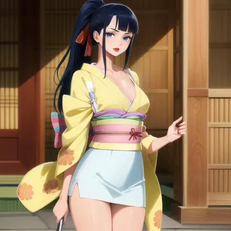 (intricate details:1.3), (masterpiece:1.3), (absurdres:1.3), (best quality:1.3), (ultra-detailed:1.3), (illustration:1.3), (sharp focus:1.3), (natural lighting:1.05), (vivid colors:1.3), (realistic proportions:1.2), (looking at viewer, standing, japanese architecture, cowboy shot), (kikunojo, lipstick, blue eyes, blue hair, long hair, otoko no ko, bangs, adult, mature:1.1, ponytail, medium breasts, 1girl, red lips, yellow kimono, (fit body)) <lora:Kikunojo-000020:0.75>