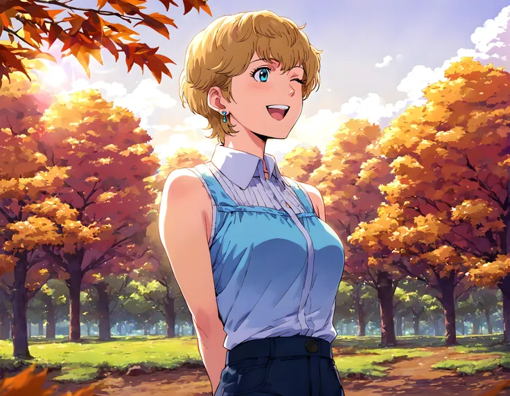 <lora:pony_xl_Hildegard:0.8>,Hildegard,score_9,score_8_up,score_7_up,score_6,source_anime,short hair,1girl,female,kawaii,solo,earrings,white collared shirt,women's pants,day,nature,grove,the dappled sunlight that filters through the leaves of trees,sunny weather writing,lens_flare,smile,laughing,one-eyed wink,gentle smile,standing,arms_behind_back,cowboy_shot,landscape,