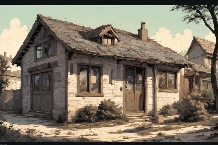 Painting of a small house with a brown roof and a brown door - SeaArt AI