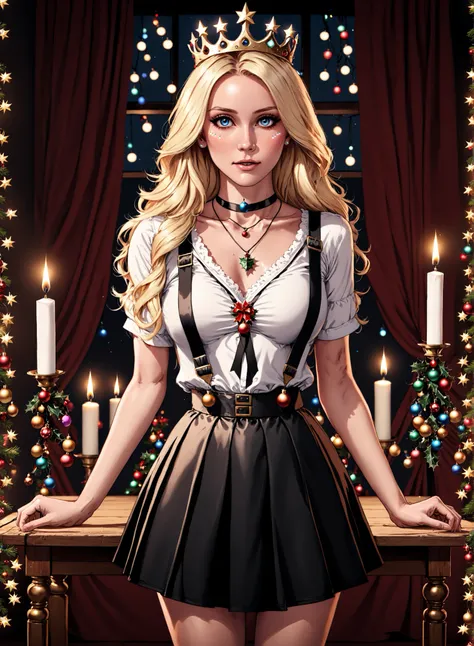 Santa Overlords Style, (masterpiece, best quality, ultra-detailed, best shadow), (detailed background, christmas fantasy), (beautiful detailed face), high contrast, (best illumination, an extremely delicate and beautiful), ((cinematic light)), 1girl, solo, long hair, looking at viewer, skirt, blonde hair, shirt, holding, jewelry, standing, white shirt, short sleeves, indoors, black skirt, necklace, table, suspenders, outstretched arms, crown, realistic, suspender skirt, candle, christmas lights, christmas theme, perfect anatomy, <lora:SantaOverlordsXL:0.8>