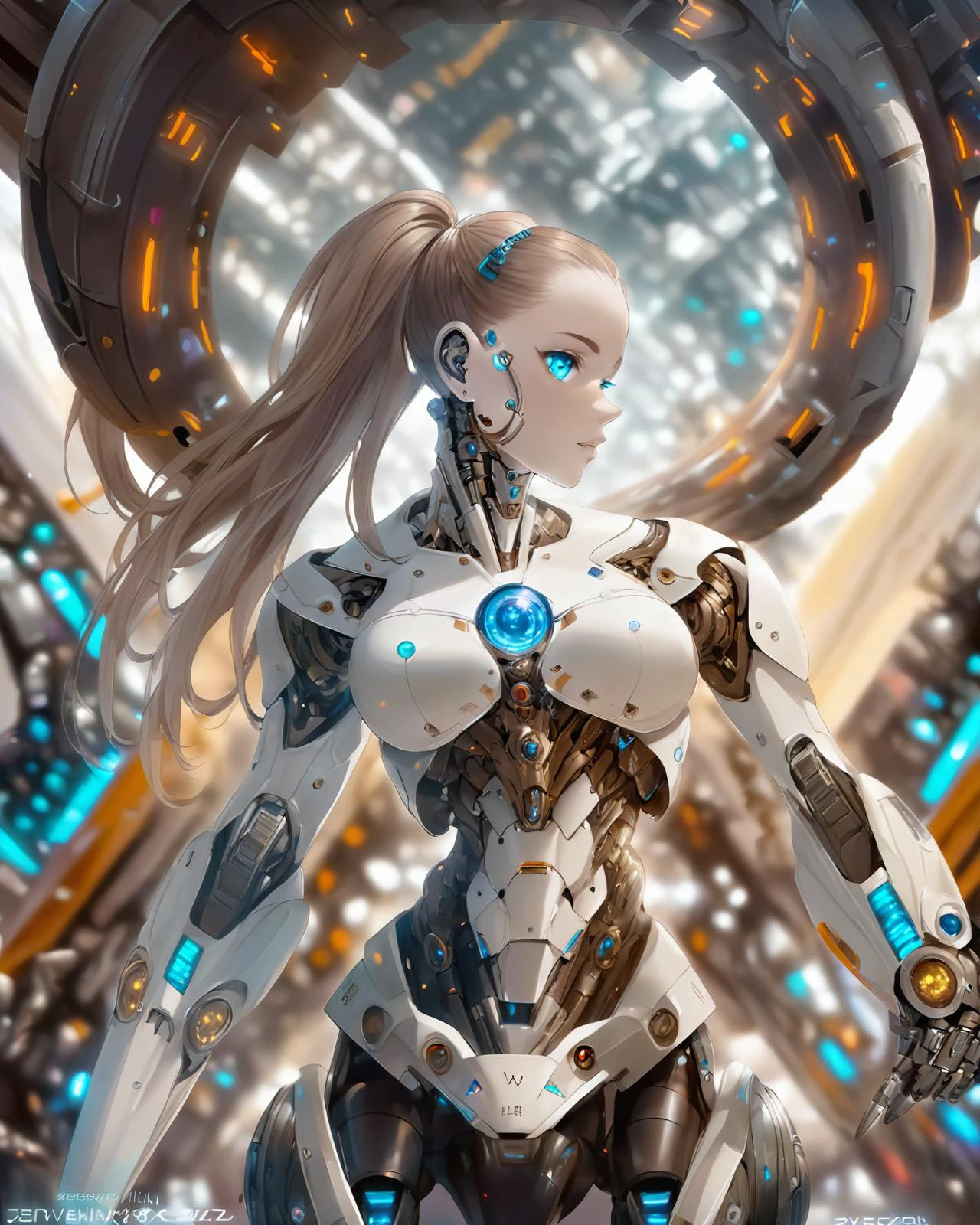 full_body, 1girl, mecha, glowing blue eyes, cute, biomechanical, complex robot, interior spaceship background in bokeh, hyper realistic, hyper detailed, intricate, insane fine details, crisp focus <lora:compb0t:0.8>