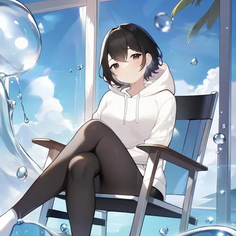 new, newest, best quality, masterpiece, BREAK
1girl, solo, upper body, black hair, short hair, white hoodie, sitting on chair, splash