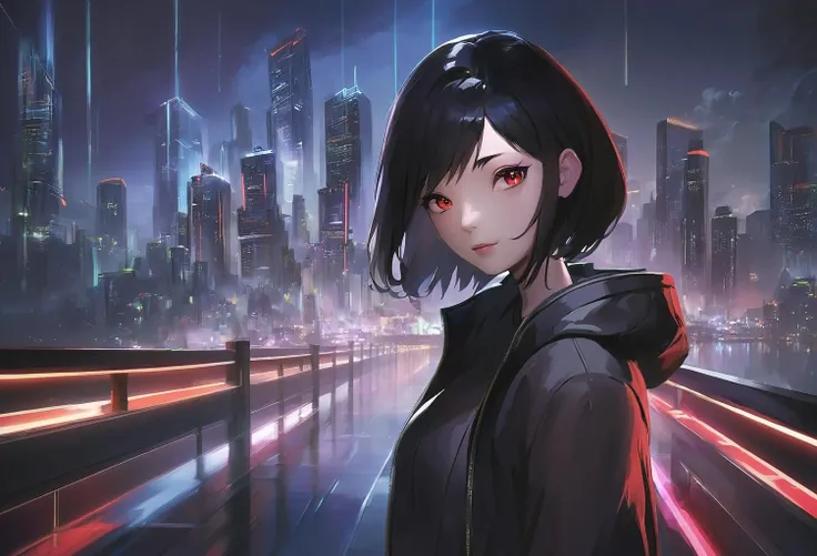 masterpiece, best quality, new, newest, BREAK
(dark:1.3), upper body, 1girl, solo, red eyes, upper body, black hair, short hair, night, cityscape, neon lights