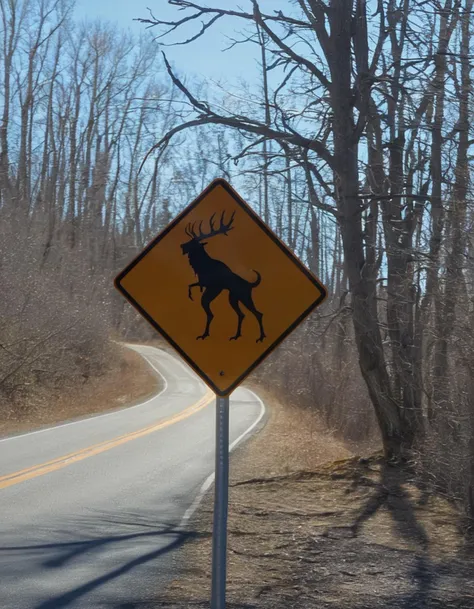 a photo of a road sign , Wendigo Crossing Ahead:1.4, a road sign displaying the silhouette of a roaring wendigo, ominously suggesting that this elusive cryptid might be making a road crossing. , <lora:road_sign:0.7>