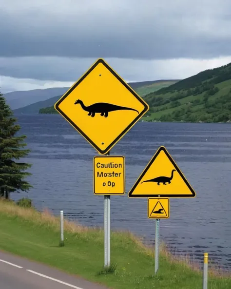 a photo of a road sign , Caution: Loch Ness Monster Photo Op:1.5, a playful sign suggesting that travelers might have the opportunity to snap a picture of Nessie while driving by the lake. , <lora:road_sign:0.7>