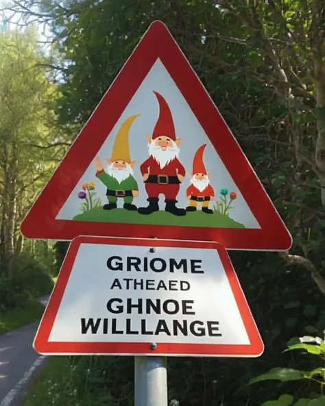 a photo of a road sign , Gnome Village Ahead:1.5, a sign pointing the way to a "Gnome Village," complete with little bearded gnomes engaged in whimsical activities. , <lora:road_sign:0.7>