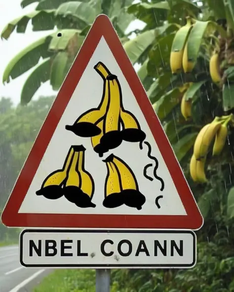 a photo of a road sign , Beware of Sudden Banana Peel Storms:1.3, a comical sign featuring bananas raining from the sky, humorously reminding drivers to be prepared for unusual weather conditions. , <lora:road_sign:1.0>