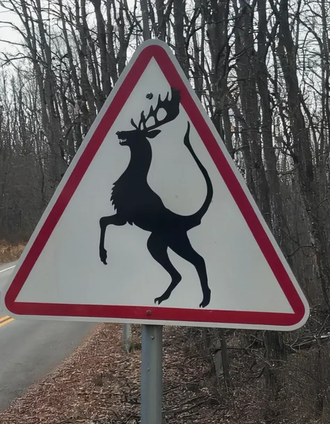 a photo of a road sign , Wendigo Crossing Ahead:1.4, a road sign displaying the silhouette of a bipedal roaring wendigo, ominously suggesting that this elusive cryptid might be making a road crossing. , <lora:road_sign:0.7>